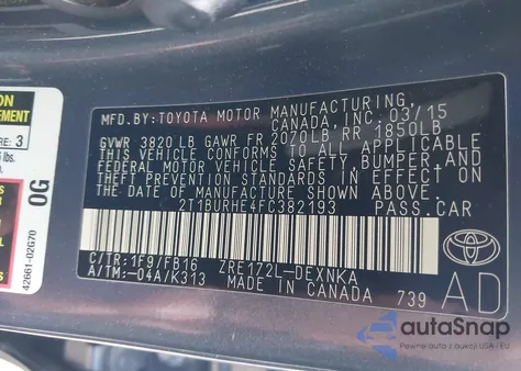 2015 Toyota Corolla Le z USA, uszkodzony, nr VIN 2T1BURHE4FC382193